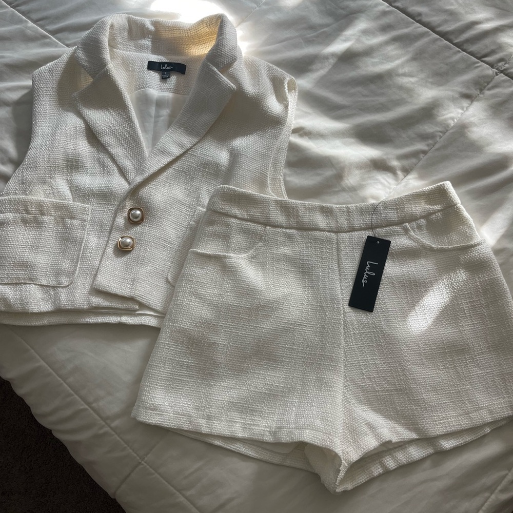Lulu’s perfect company ivory tweed blazer and shorts